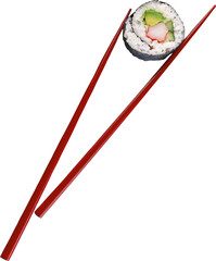 Sushi roll with salmon, shrimps and avocado, Sushi and chopsticks isolated on white, Sushi with chopsticks