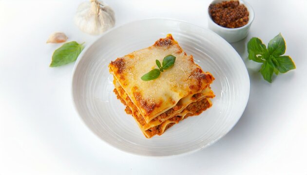 Um peda&ccedil;o de lasanha &agrave; bolonhesa em um prato branco, fundo branco. Isolado no fundo branco. Comida italiana, massa, molho de tomate, carne.
