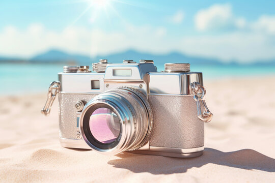 Elegant silver retro camera standing on white sandy beach of sea or ocean. Travel, vacation, photoshoot in beach of tropical resort on beautiful sunny day