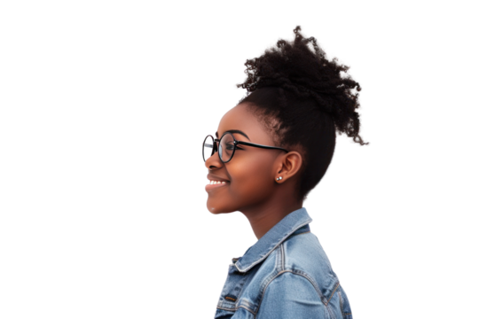 Side view of smiling woman isolated on white background