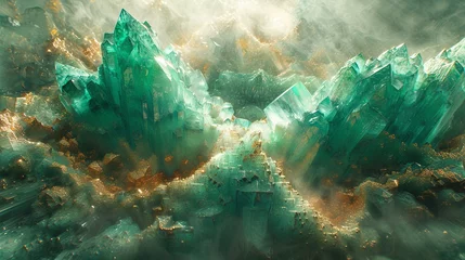 Muurstickers A dynamic collision of emerald and copper, forming an abstract landscape reminiscent of a surreal forest.  © Adnan Bukhari