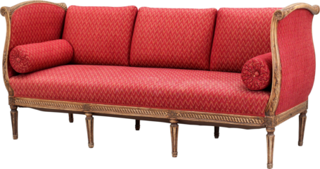 Antique yellow sofa on white background, Mid century sofa isolated on transparent background, Luxurious classic sofa on a white background . front view