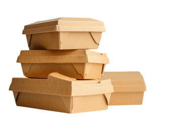 Set of cardboard or paper food containers isolated on transparent white background.