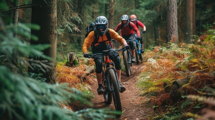 Adventurous off-road bikers navigating through a dense forest trail, reflecting the thrill of off-road biking