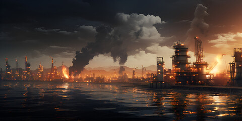 A magnificent source burning sky and smoke powers life oil refinery industrial background