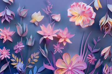 Creative flat lay composition of flowers made of paper. minimal concept of spring coming. Pastel colors, pink, blue