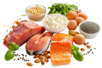 Set of fresh natural food with high protein content isolated on transparent white background.