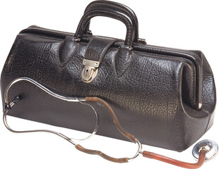 Retro black leather doctor's bag with the stethoscope in front view, Retro brown leather doctor's bag with the stethoscope