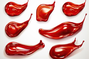 Fototapeta premium set of red drops and splashes of ketchup or sauce isolated on white background.