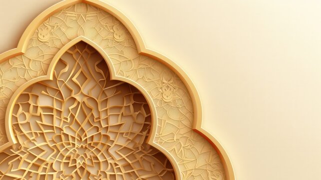 An elegant and detailed arabesque pattern with floral motifs carved on a beige background, reflecting traditional Islamic art