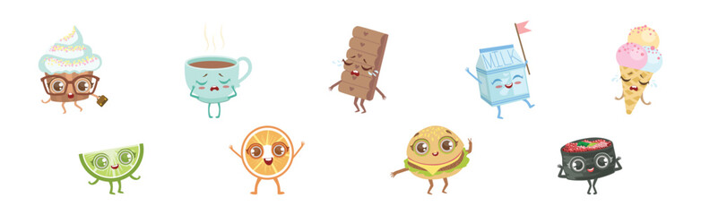 Funny Kawaii Food Character with Face Emotion Vector Set