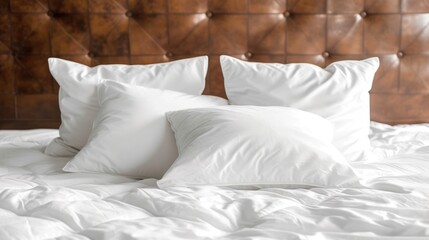 a close up of a bed with white pillows and a brown headboard with a leather headboard behind it.