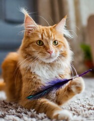 Orange cat with a feather