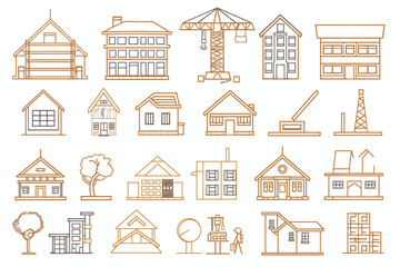 Set of 24 outline icons related to building, architecture, house