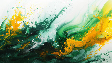 Fototapeta na wymiar Acrylic green and yellow colors in oil. Ink splash. Abstract white background. 