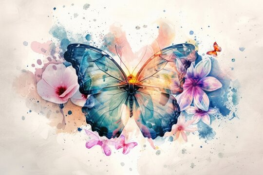 A vibrant watercolor illustration of a butterfly with flowers, showcasing a blend of artistic creativity and natural beauty.
