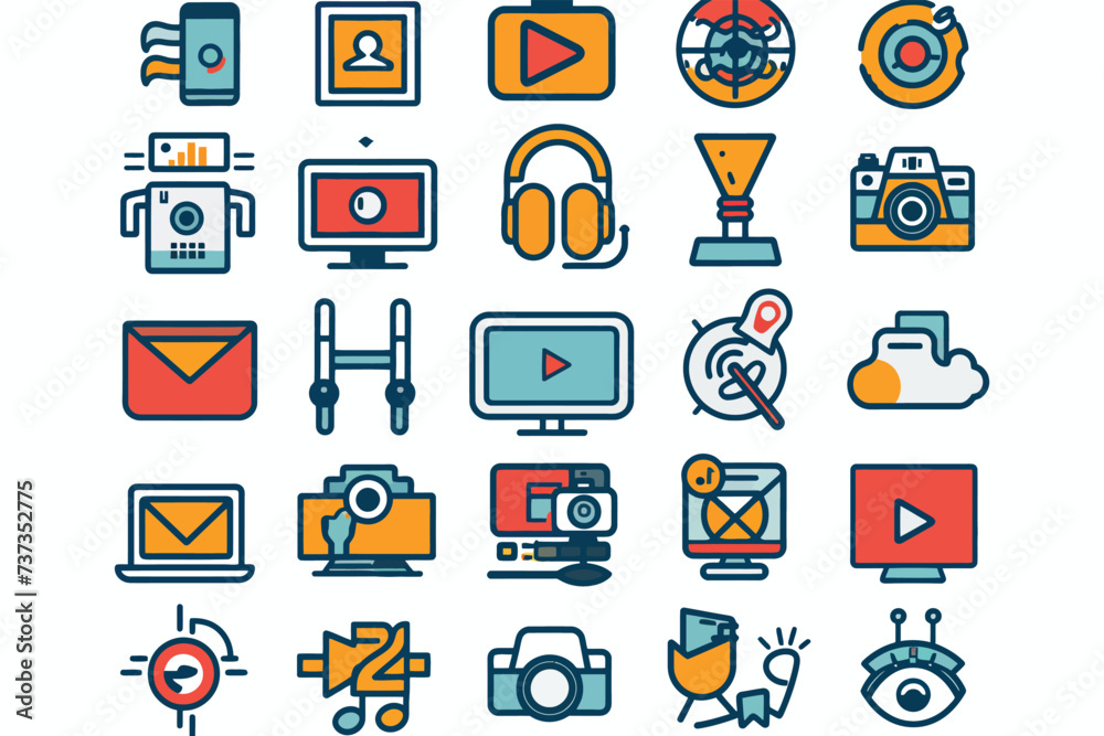 Wall mural a set of 25 outline icons related to streaming media services