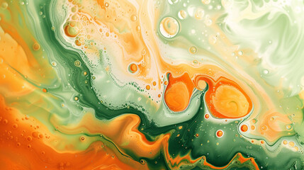 Acrylic orange and green colors in soda. Ink fizz. Abstract lime background. 