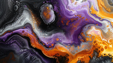 Acrylic orange and purple colors in alcohol. Ink spread. Abstract black and white background. 