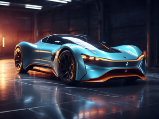 futuristic electric sport fast car chassis and battery packs with high performance or future EV preliminary production and prototype demonstration concepts as a large banner with copy space area desi. - obrazy, fototapety, plakaty