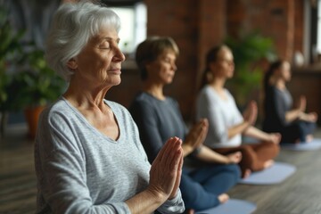 Close up Portrait of group elderly women sits in the lotus position meditating in a yoga studio. Mental and spiritual health development at any age - obrazy, fototapety, plakaty