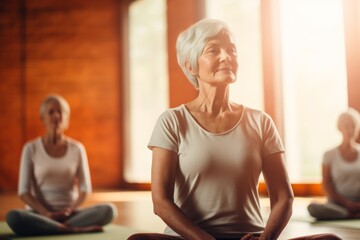 Close up Portrait of elderly woman sits in the lotus position meditating in a yoga studio. Mental and spiritual health development at any age - obrazy, fototapety, plakaty