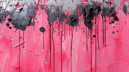 Acrylic pink and black colors in gel. Ink drip. Abstract silver background. 