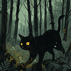 An illustration portraying a cat with gleaming eyes wandering through the midst of a silent, midnight forest-Enhanced-SR.jpg
