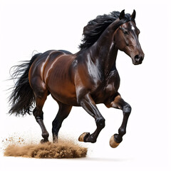 beautiful brown stallion running in a corral isolated on a white background 