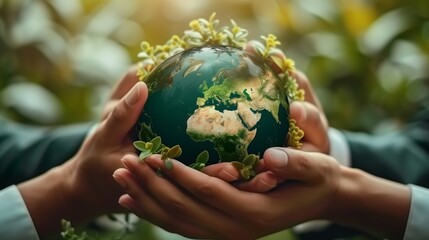 green friendly eco Hands of business people Embracing Green Globe.Protecting Planet Together.Environment Earth Day. Responsibility for the environment. Ecosystem and Organization Development ESG