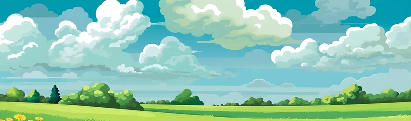 Fotobehang Green grass field under blue sky with white clouds © inspiretta