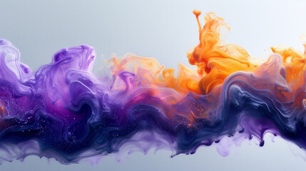 Acrylic purple and orange colors in milk. Ink swirl. Abstract gray background. 