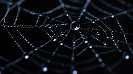 Obraz premium a close up of a spider web with drops of water on the spider's web in the center of the web.