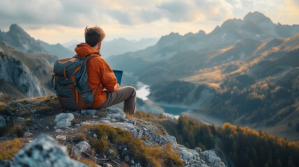 Man working remotely using a laptop while sitting on a mountain summit, warm tones, minimalistic, tranquility and serenity of working surrounded by nature, aerial view