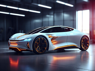 futuristic electric sport fast car chassis and battery packs with high performance or future EV preliminary production and prototype demonstration concepts as a large banner with copy space area desi.