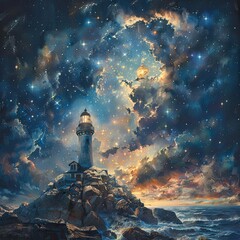 A lighthouse of knowledge guiding ships towards harbors of success, under a starry sky of achievemen - obrazy, fototapety, plakaty