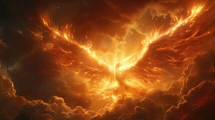 A mystical phoenix rising from the ashes observed by awe struck space travelers-standard-height - obrazy, fototapety, plakaty