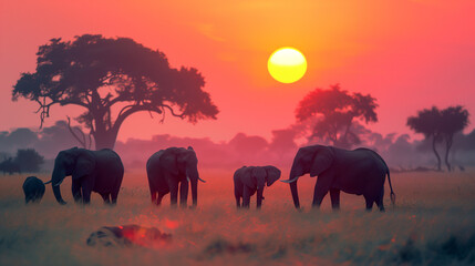 Fototapeta premium elephants in the sunset
