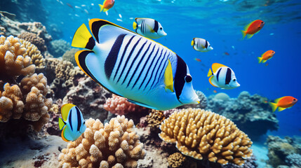 Naklejka na ściany i meble School of butterfly fishes over healthy reefs