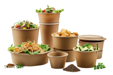 Stacked takeaway cardboard food box on transparent white background.