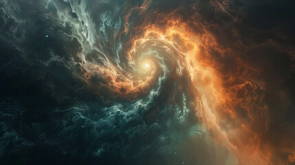 Cosmic swirls of teal and apricot, merging in an abstract cosmic dance that defies the boundaries...