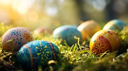 Fototapeta na wymiar colorful easter eggs lay on the green field 
