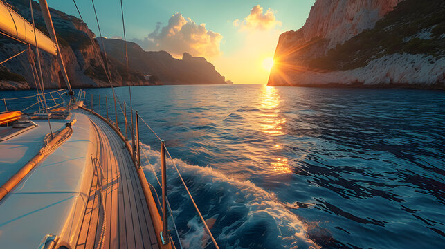 A boat is sailing on the ocean during a sunset. The water is blue and calm, and there are white cliffs in the background.