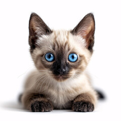 siamese cat sitting isolated on a white background with blue eyes, looking cute and beautiful