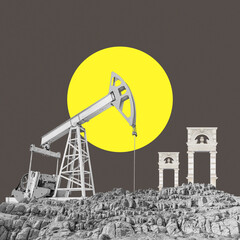 Surreal collage. Classic architecture and industrial oil pump. Art concept poster, print, zine cover.