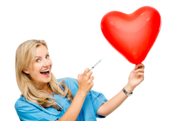 Syringe, needle and nurse with balloon or heart for cardiology on transparent, isolated or png background. Medical, nursing and portrait of woman with injection for pharmaceutical care and vaccine