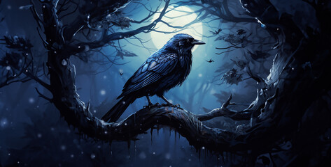 Illustration of a crow sitting on a branch in a dark forest,Halloween background with a crow and a full moon. Vector illustration. - obrazy, fototapety, plakaty