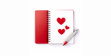 Red gift box with red bow and red heart on white background.Red notebook with a red heart and a pen on a white background