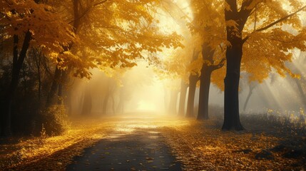 a path in the middle of a forest with yellow leaves on and the sun shining through.