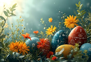 colorful easter eggs in flowers
